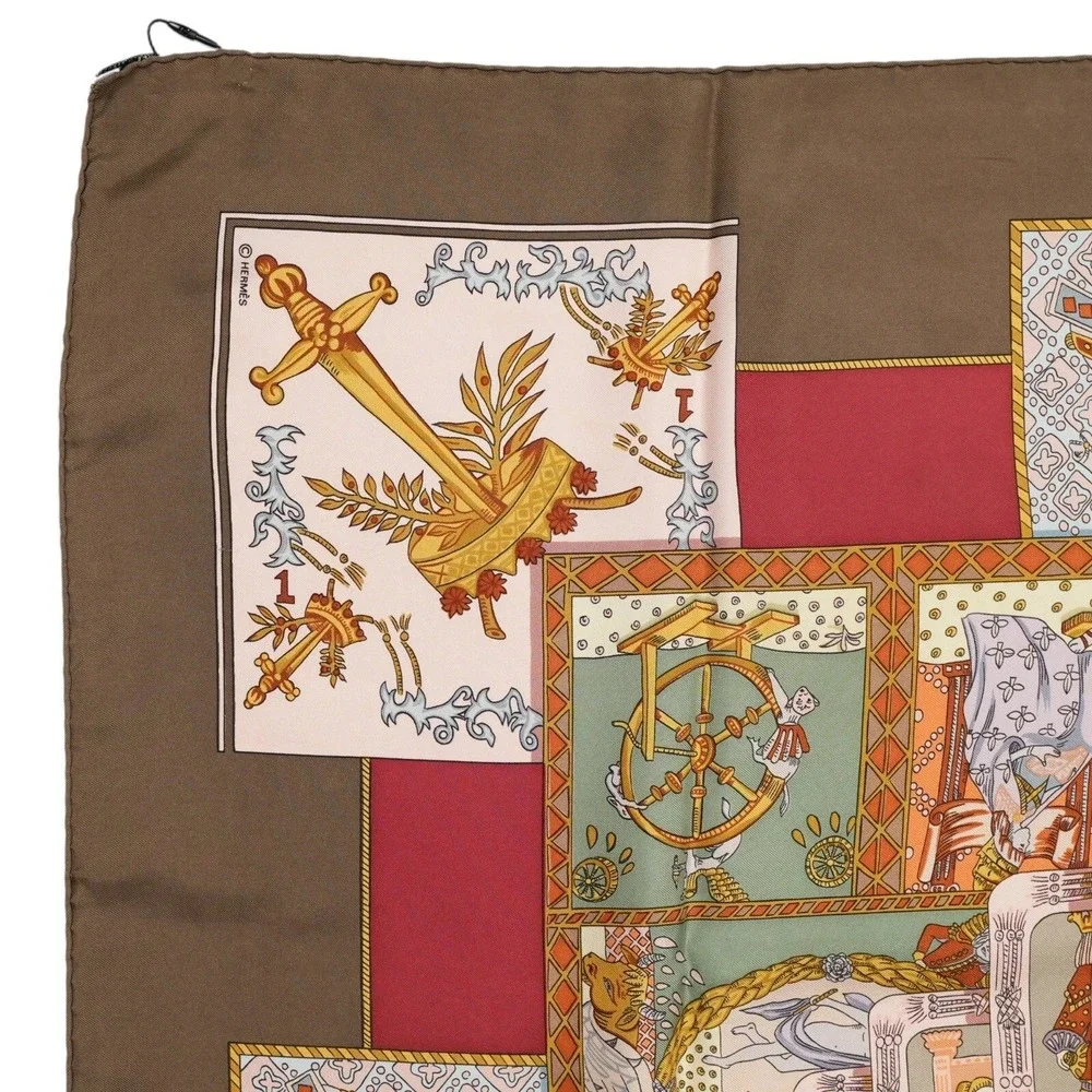 Hermès‎ Le Tarot 90cm Silk Scarf Annie Faivre Brown Gold Vintage Carre w/ Box